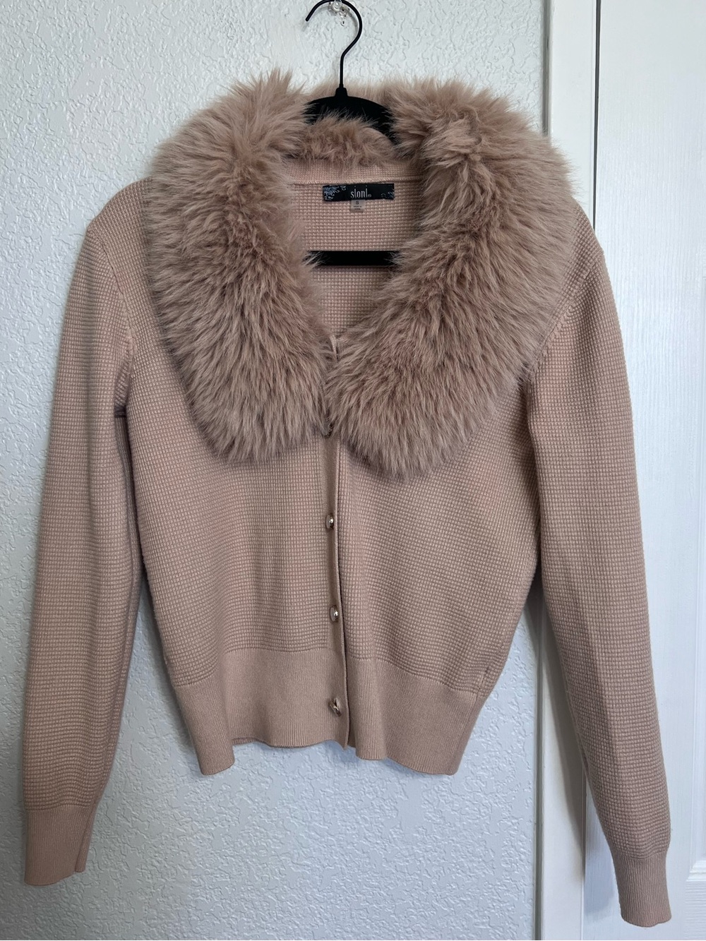 Sioni Taupe Knit Cardigan Sweater Faux Fur Collar Button Front Size S